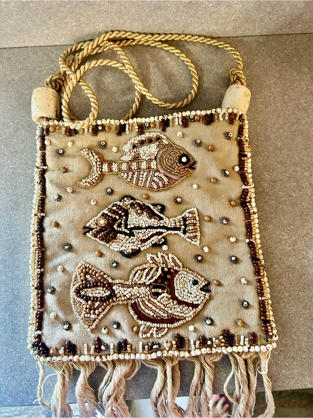 Hand-Beaded Fish Motif Crossbody Bag in Beige